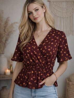 Hippie Rose Burgundy Floral Wrap Peplum Top Size L